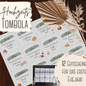 Hochzeit Spiel Tombola 12 Gutscheine für das erste Jahr PDF Download zum Ausdrucken spontane Hochzeitsspiel Vorlage Aquarell salbeigrün