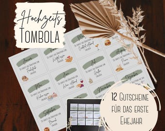 Wedding game raffle 12 vouchers for the first year PDF download to print spontaneous wedding game template watercolor sage green