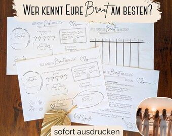 Utskrivbart möhippaquiz: Vem känner bruden bäst? 8 frågor om bruden. Quiz i PDF-format för nedladdning. Möhippaspel tillgängligt direkt. Konst i svartvitt.