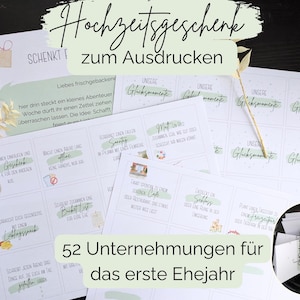 Könnte beinhalten: Ein druckbarer Satz von 52 Karten mit Aktivitäten für Paare, die sie in ihrem ersten Ehejahr gemeinsam unternehmen können. Die Karten sind auf weißem Papier mit grünen Akzenten und dem Text "52 Unternehmungen für das erste Ehejahr" gedruckt.