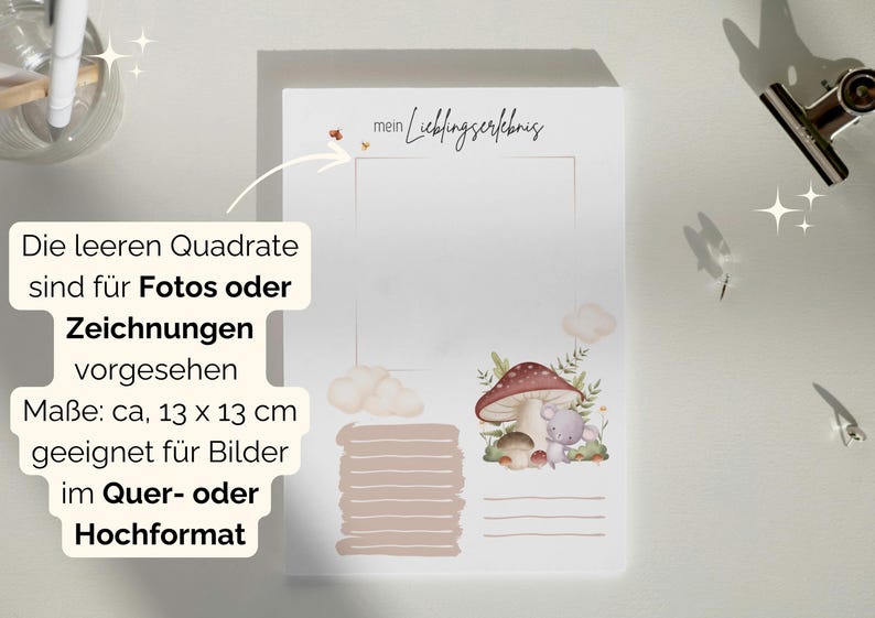 die leeren Quadrate sind für Fotos oder Zeichnungen vorgesehen - im praktischen 13 x 13 cm Format, damit sowohl Hoch- als auch Querformat Fotos passen