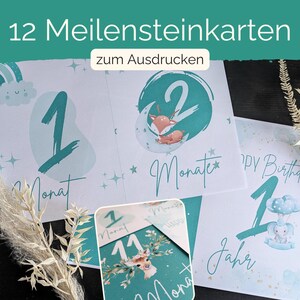 Cartes jalons photos de bébé premiers 12 mois souvenirs bébé 1ère année cadeau pour naissance baby shower téléchargement PDF à imprimer bohème vert
