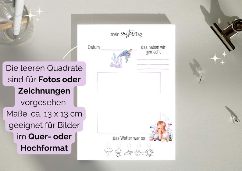 die leeren Quadrate sind für Fotos oder Zeichnungen vorgesehen - im praktischen 13 x 13 cm Format, damit sowohl Hoch- als auch Querformat Fotos passen