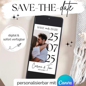 Digitale save-the-date kaart bewerkbaar in Canva papierloze huwelijksuitnodiging digitale gepersonaliseerde uitnodiging verzonden via WhatsApp