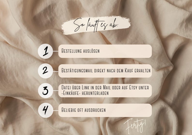 Anleitung: Digitalen Download sofort nach dem Kauf erhalten, wann und so oft ausdrucken wie gewünscht, fertig!