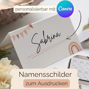 Marque-places personnalisés baby shower modifiables avec Canva DIY décoration baby party télécharger pour imprimer bohème nature
