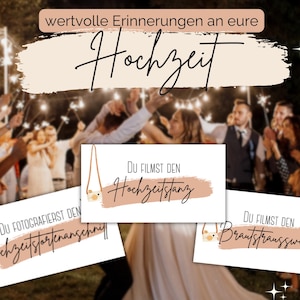 May include: A wedding scene with guests holding sparklers. The image includes cards with text in German: "wertvolle Erinnerungen an eure Hochzeit", "Du fotografierst den Hochzeitsporträtschnitt", "Du filmst den Hochzeitstanz", and "Du filmst den Brautstraußwurf".