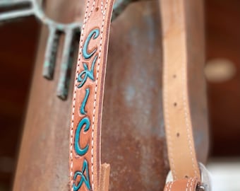 Custom handmade leather headstall with option to include tooled letters.