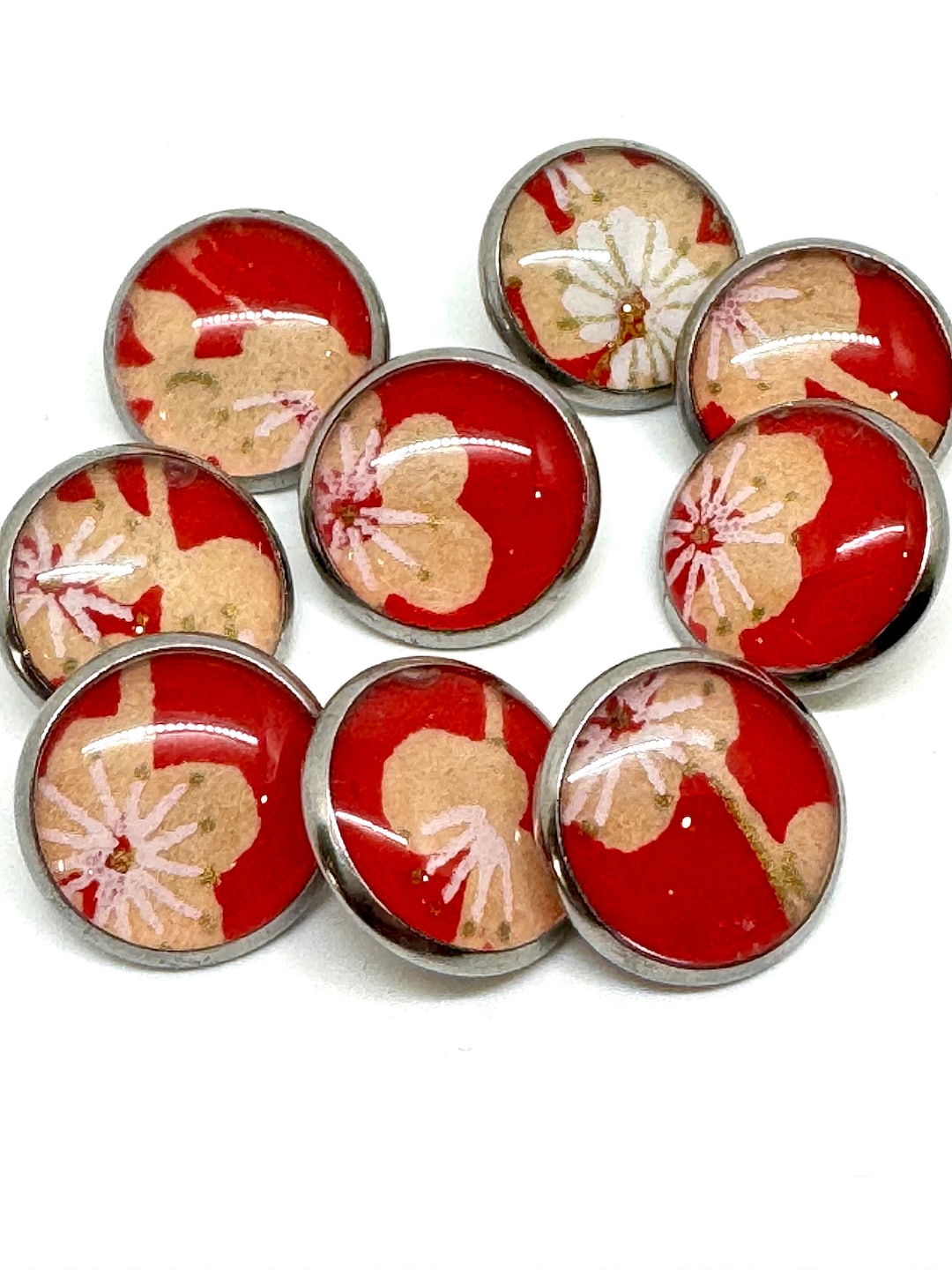 Small Round Button Small Round Buttons - Cream Flowers on Bright Red Background - 12mm - Etsy