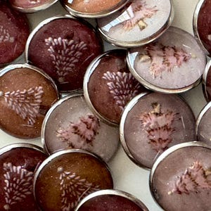 May include: A collection of round, silver-rimmed cabochons with a Christmas tree design. The cabochons feature a variety of colors, including burgundy, brown, and a light pink. The tree design is visible within the clear, domed surface.