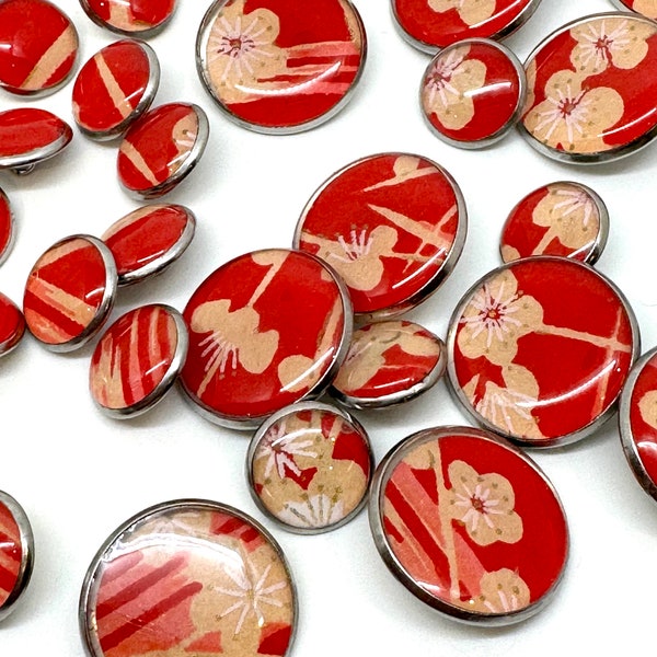 Large Round Buttons - Cream Flowers on Bright Red Background - 20mm