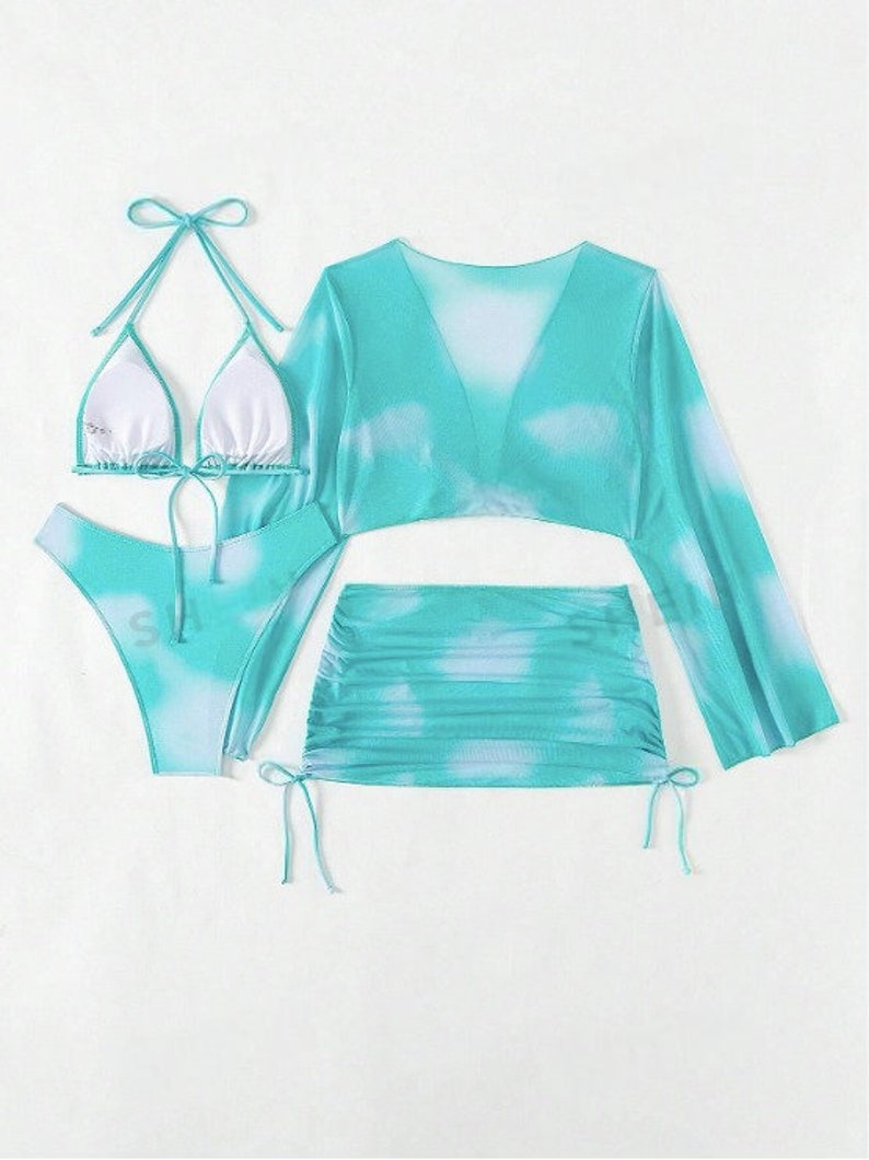 Frauen Tie Dye Gedruckt Neckholder Getrennt Badeanzug Mit 4 Stück, Bikini Bademode Badeanzug Strand Sommerferien Bild 4