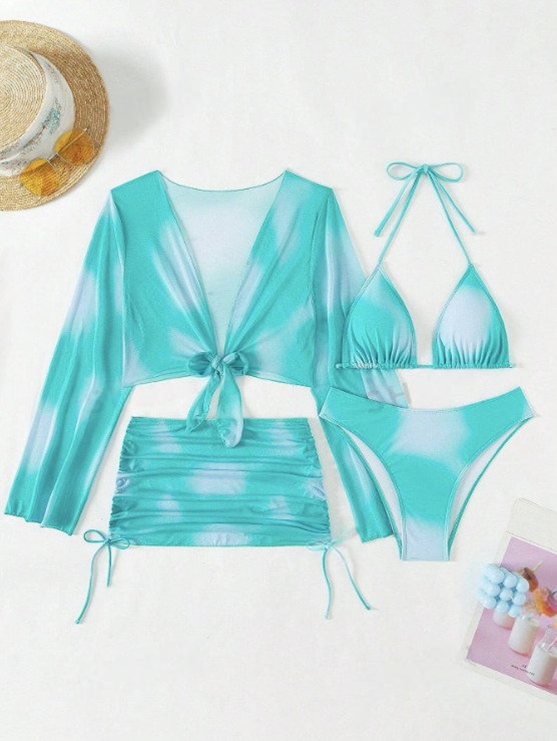 Frauen Tie Dye Gedruckt Neckholder Getrennt Badeanzug Mit 4 Stück, Bikini Bademode Badeanzug Strand Sommerferien Bild 3