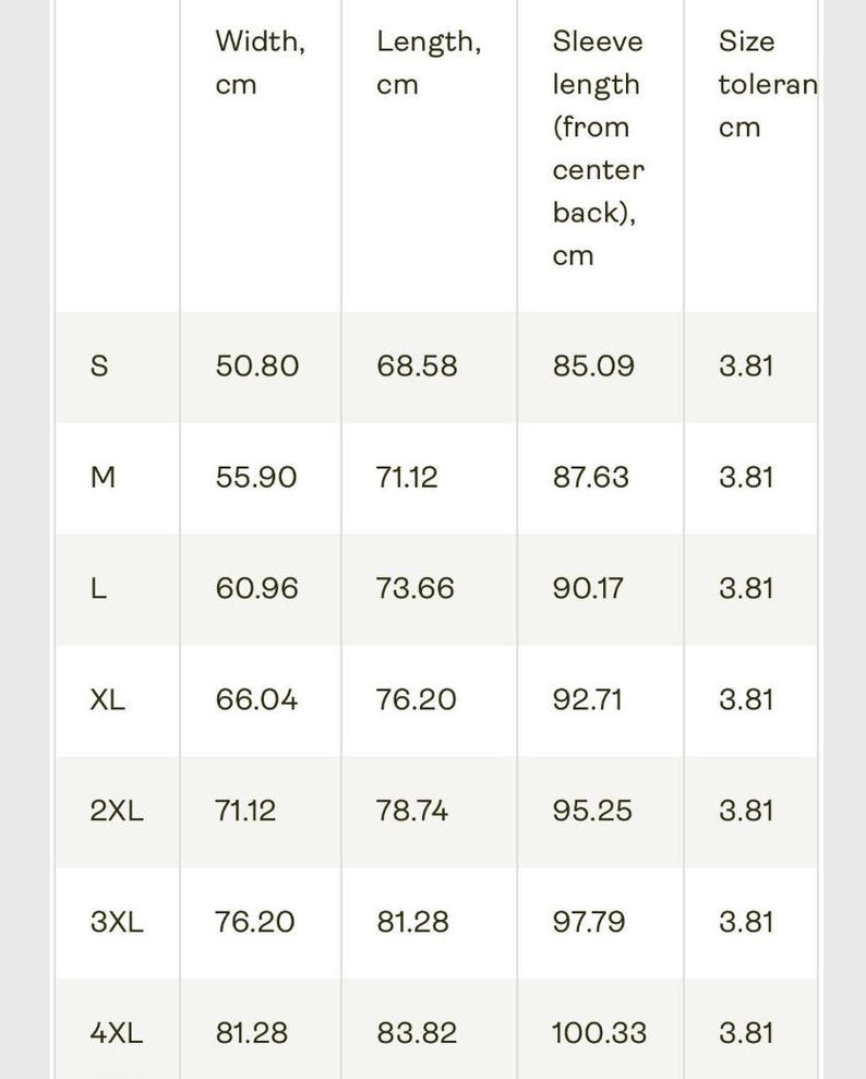 May include: A white chart with black text detailing garment measurements. The chart includes width, length, and sleeve length in centimeters, along with size tolerance. Sizes range from S to 4XL, with corresponding measurements.