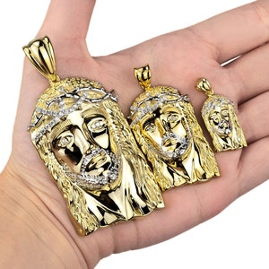 Jesus Head Pendant - Men&#39;s 14k Yellow Gold Over 925 Sterling Silver Iced CZ Religious Jesus Pendants, Multiple Sizes, Gift for him