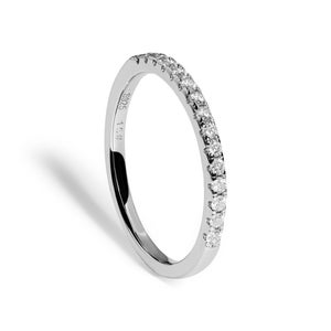 May include: A thin silver band with a row of small diamonds set into the metal. The band is smooth and polished.