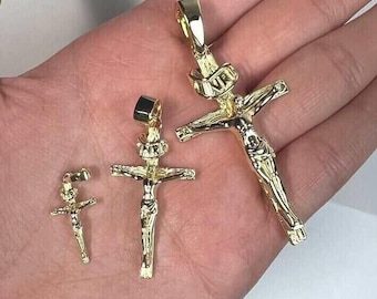 14K Plated Solid 925 Sterling Silver Jesus Crucifix Cross Pendant Religious Mens Womens Pendants Small-Medium-Large