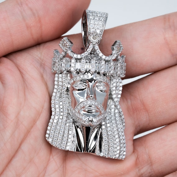 Mens 2" Real 925 Sterling Silver Moissanite Iced King Crown Jesus Head Piece Pendant - Religious Charm Pendant VVS1 D Moissanite Stones