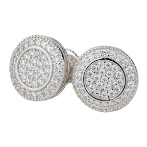 Round Stud Earrings - 14K Gold Plated Solid 925 Sterling Silver Iced CZ Hip Hop Mens Earrings, Screw Back Closure, Gift For Him