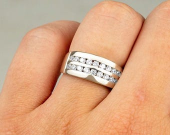 Men's Real Solid 925 Sterling Silver CZ Hip Hop Ring Iced Pinky Wedding Band Two Row Stones Round Sizes 6-14