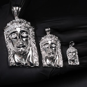 Real 925 Sterling Silver Jesus Head Piece Religious Necklace CZ Pendant, Hip Hop Men&#39;s Jewelry - 3 sizes