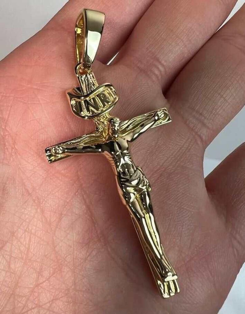 14K Plated Solid 925 Sterling Silver Jesus Crucifix Cross Pendant ...