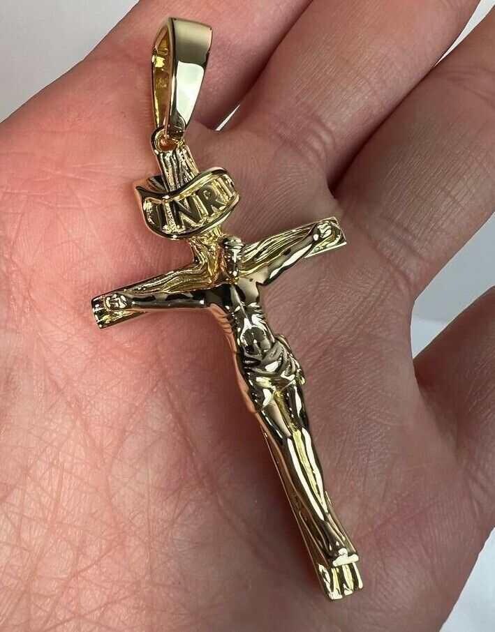 14K Plated Solid 925 Sterling Silver Jesus Crucifix Cross Pendant ...