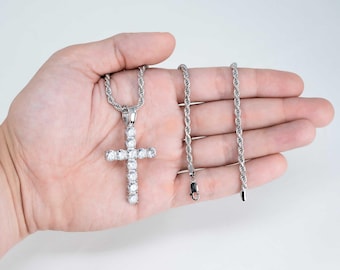 Mens 2" Cross Religious Tennis Iced CZ Pendant w/ Rope Chain Solid 925 Sterling Silver Necklace Hip Hop, Gift him, Gift for her