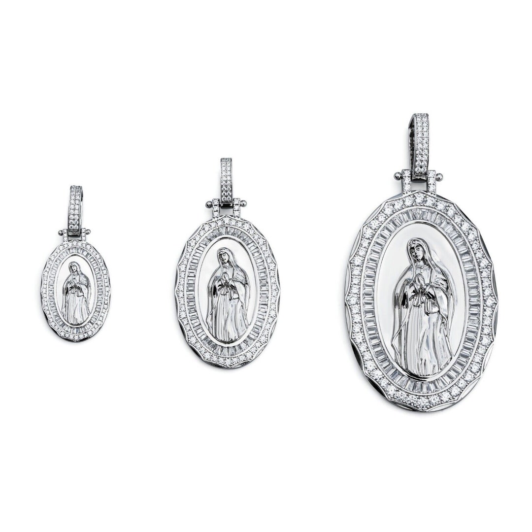 Iced Virgin Mary Pendant - 925 Sterling Silver Oval Catholic Amulet - Etsy