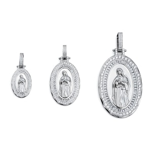Virgin Mary Pendant - Solid 925 Sterling Silver Oval Amulet Iced Necklace Catholic Religious Pendant Unisex Hip Hop Jewelry, Gift For him