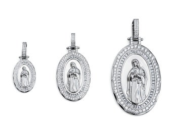 Iced Virgin Mary Pendant - 925 Sterling Silver Oval Catholic Amulet
