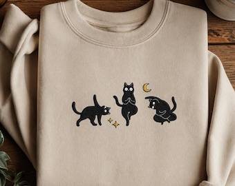 Geborduurd minimalistisch yoga-sweatshirt met kattenprint – Leuke zwarte kat streetwear, gezellig, maan en sterren, cottagecore, hemels, cadeau voor kattenliefhebbers