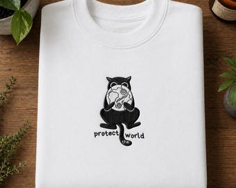 Embroidered Oversized Eco Sweatshirt, Sustainable Streetwear Pullover, Protect the World Hoodie Unisex, Funny Crewneck, Cat Lover Nature
