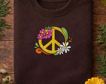 Sweat-shirt brodé Boho Peace Sign, pull hippie fleuri à col rond, pull vintage Flower Power, cadeau streetwear esthétique pour elle, festival