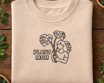 Sudadera para mujer "Plant Mom" – Regalo para el Día de la Madre – Sudadera para amantes de las plantas – Regalo botánico para mamás – Cómoda sudadera extragrande con cuello redondo y bordado