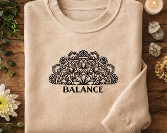 Felpa ricamata Mandala Balance, pullover boho minimalista, girocollo unisex ricamato, streetwear estetico, vintage