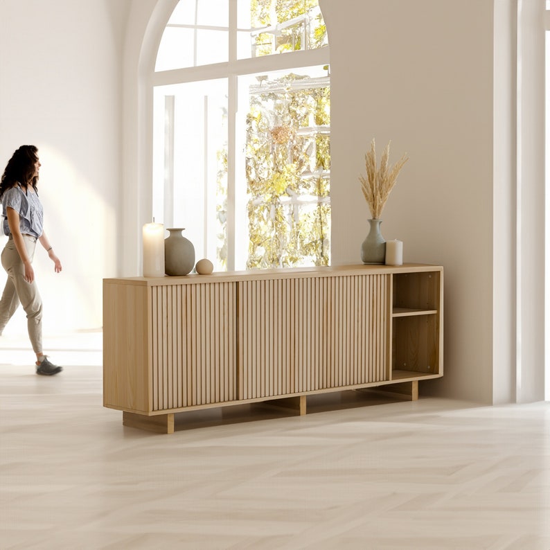 Massivholz Sideboard, Mid Century Sideboard, Holz Buffet, Regal, Wohnzimmer Möbel Natural