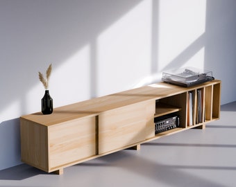 Solid Wood Media Center, Vinyl Record Storage, Low Shelving Unit