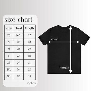 May include: A size chart for a t-shirt with measurements in inches for chest and length. The chart shows sizes XS through 3XL.