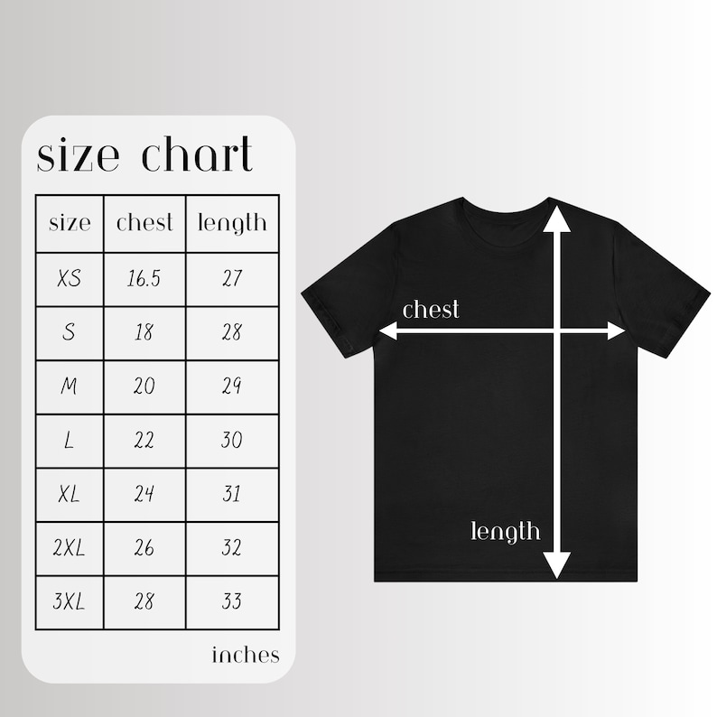 May include: A size chart for a t-shirt with measurements in inches for chest and length. The chart shows sizes XS through 3XL.