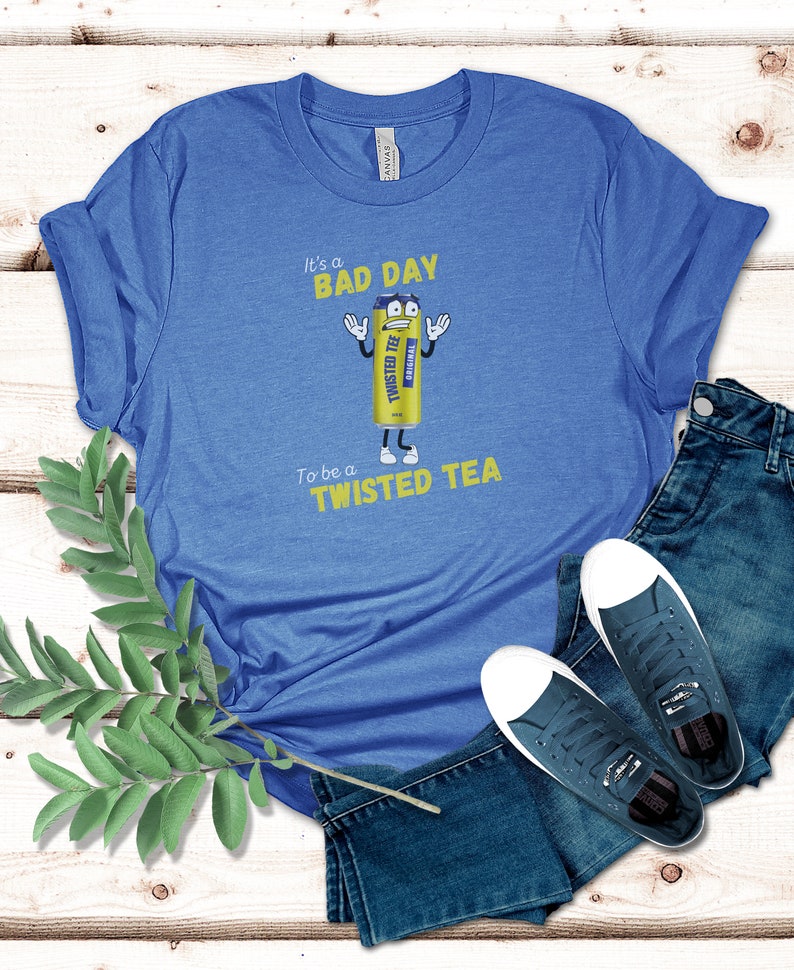 May include: Blue t-shirt with a graphic of a cartoon Twisted Tea can with the text "It's a bad day to be a Twisted Tea".
