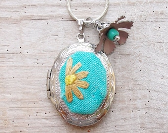 Embroidery Locket Necklace Teal Vintage Embroidery, Enamel and Silver plated metal