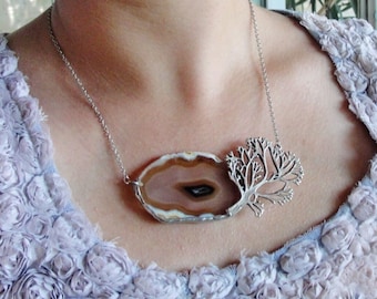 Landscape Agate Necklace Soldered Geode Stone Silver plated Tree