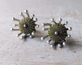 Green Sea Urchin Post Earrings, Tiny Sea Anemone Earrings, Little Studs with Sea Urchins