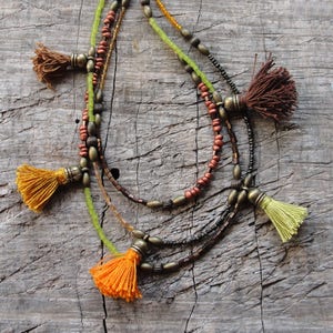 Bohemian Multi Layer Tassel Necklace Bohemian Dreams, Brown, Orange, Green, Glass and Brass with Tassels