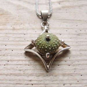 Art Deco Necklace, Green Sea Urchin Sterling Silver Necklace, Beach Jewelry