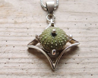Art Deco Necklace, Green Sea Urchin Sterling Silver Necklace, Beach Jewelry