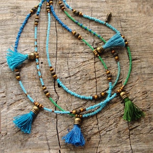 Bohemian Multi Layer Tassel Necklace Bohemian Dreams, Teal, Blue, Green, Glass and Brass with Tassels