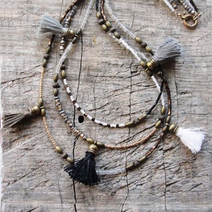 Bohemian Multi Layer Tassel Necklace Bohemian Dreams, Black, White, Grey, Glass and Brass with Tassels