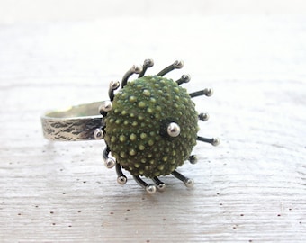 Green Sterling Silver ring Sea urchin ring Sea anemone